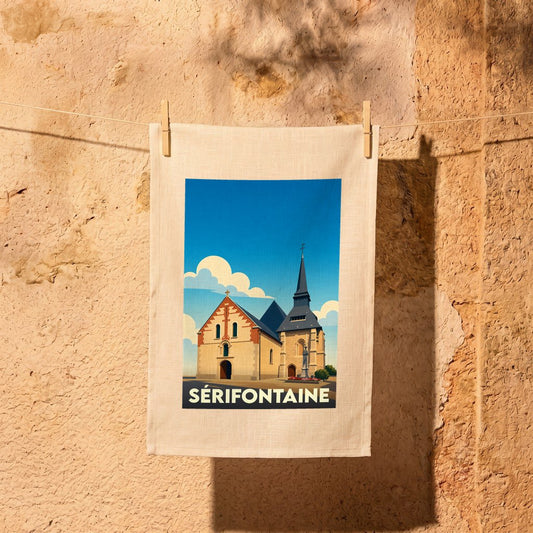 Torchon souvenir de la ville de Sérifontaine avec une illustration stylisée de son église.