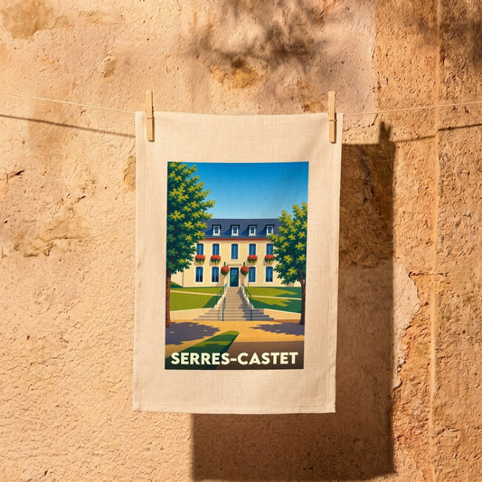 Torchon souvenir de la ville de Serres-Castet avec une illustration stylisée.