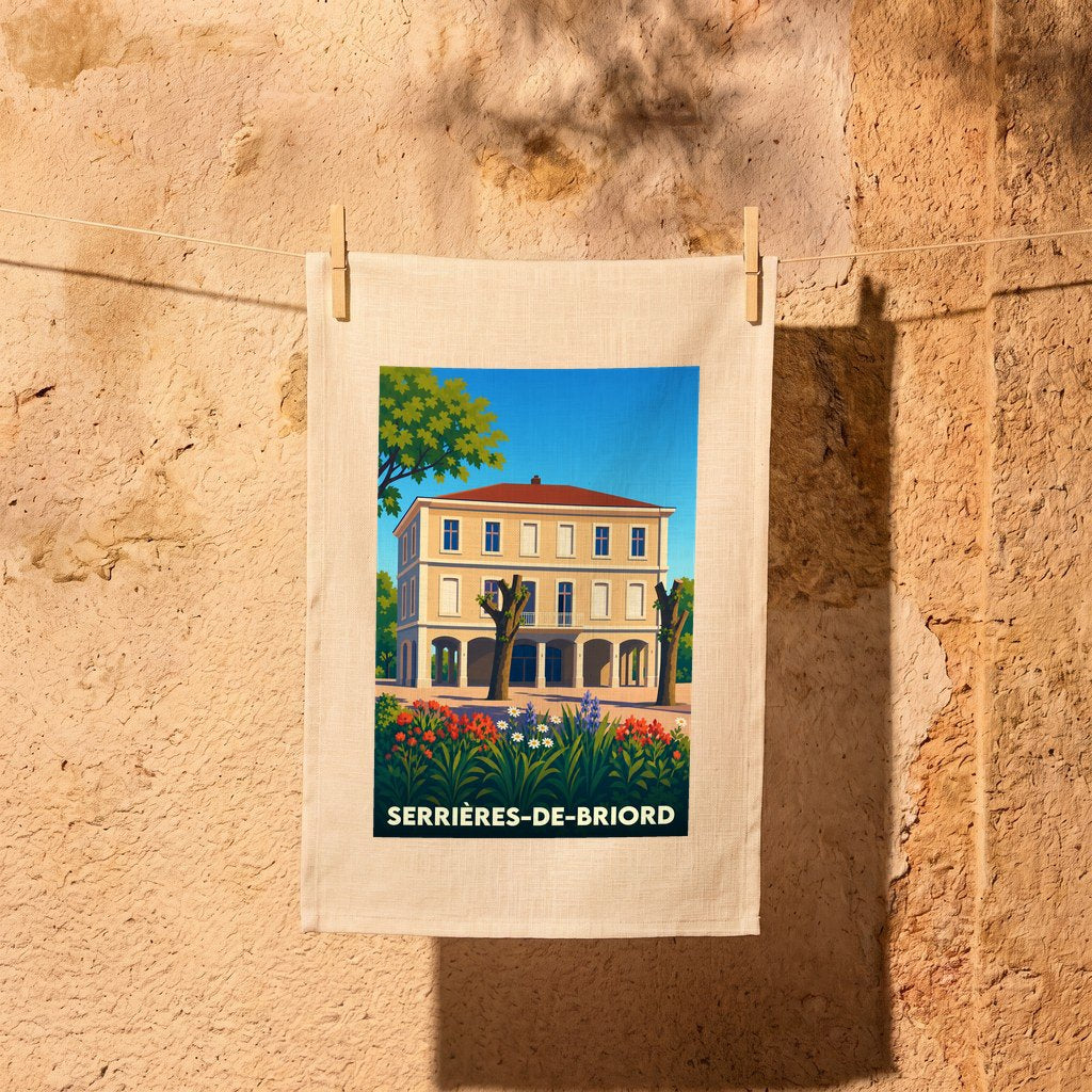 Torchon souvenir de la ville de Serrières-de-Briord avec une illustration colorée et stylisée de la mairie.