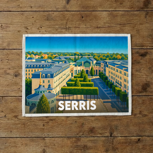 Torchon souvenir de la ville de Serris orné d'une illustration stylisée de son architecture urbaine et de ses jardins.