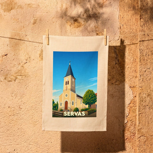 Torchon souvenir de la ville de Servas avec une illustration stylisée de son église.