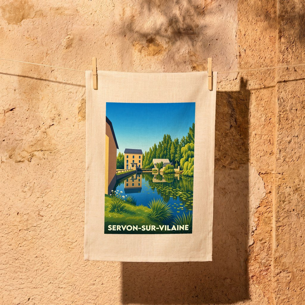 Torchon souvenir de la ville de Servon-sur-Vilaine avec une illustration stylisée.