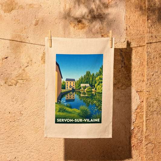 Torchon souvenir de la ville de Servon-sur-Vilaine avec une illustration stylisée.