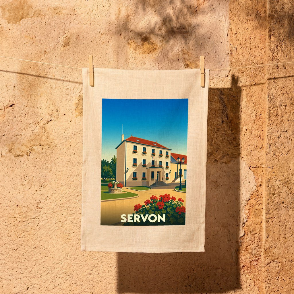 Torchon souvenir de la ville de Servon avec une illustration stylisée.