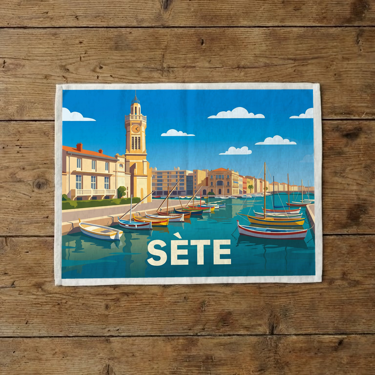 Torchon souvenir de la ville de Sète avec une illustration stylisée du port et de ses bateaux.
