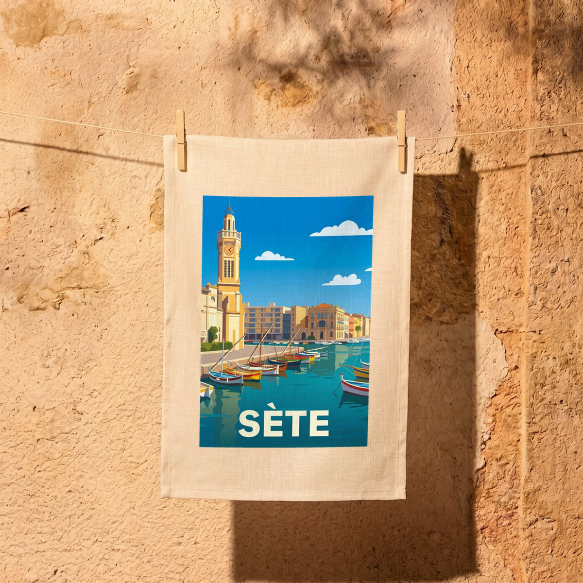 Torchon souvenir de la ville de Sète avec une illustration stylisée du port et de ses bateaux.