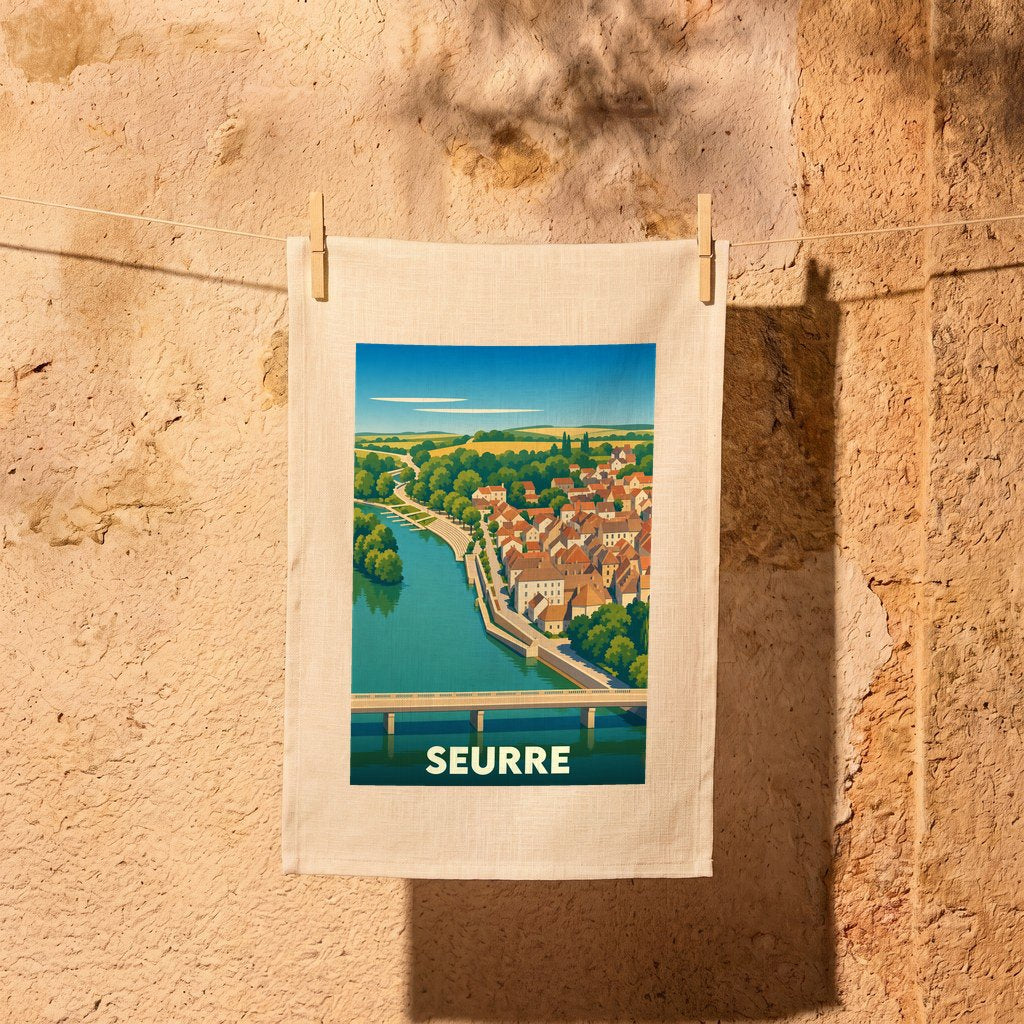 Torchon souvenir de la ville de Seurre orné d'une illustration stylisée de ses quais et de son pont.