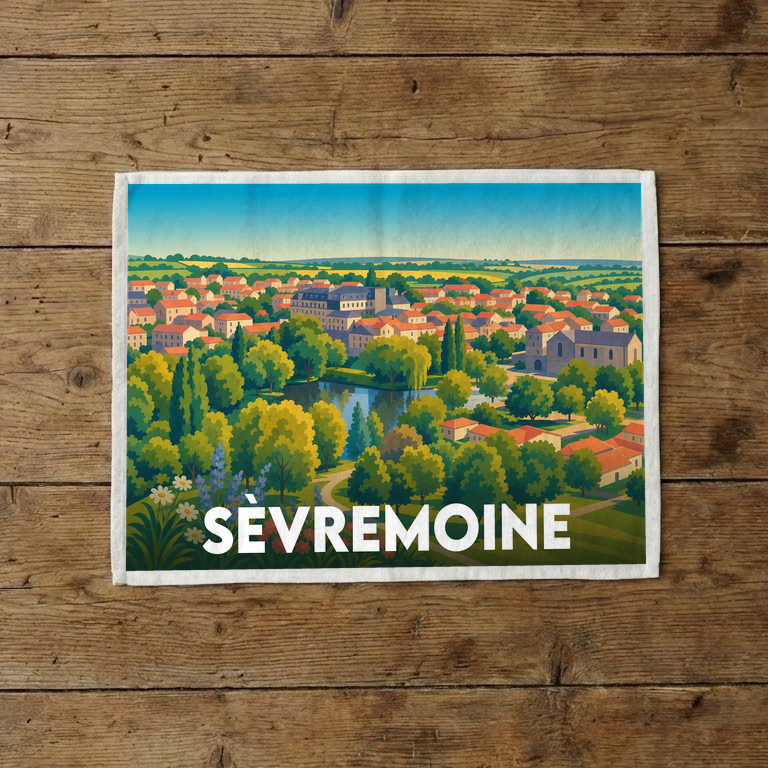 Torchon souvenir de la ville de Sèvremoine illustré d'un paysage urbain et arboré coloré.
