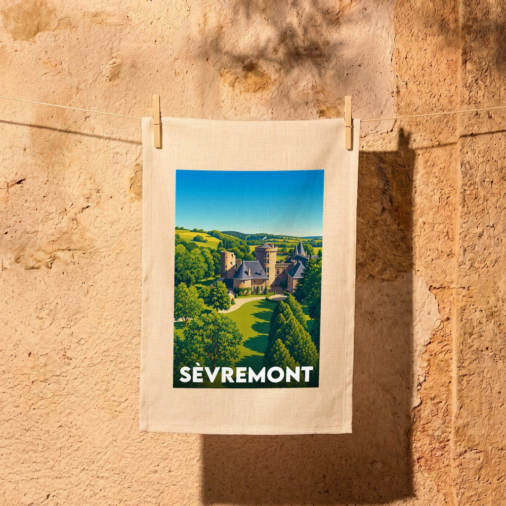 Torchon souvenir de la ville de Sèvremont avec une illustration stylisée de son château.