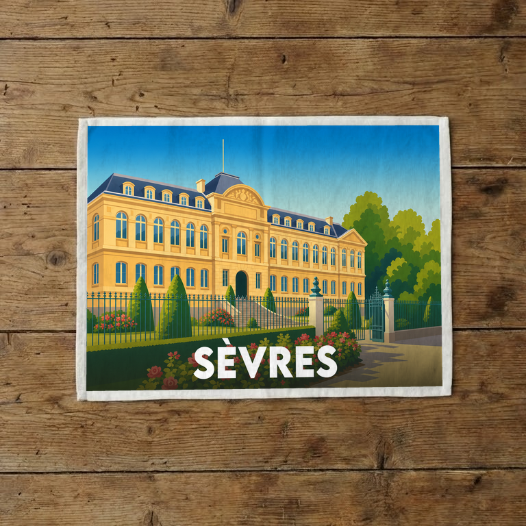 Torchon souvenir de la ville de Sèvres avec une illustration stylisée de sa manufacture.