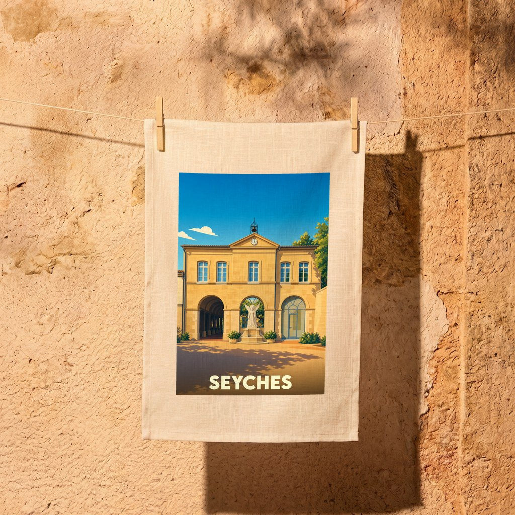 Torchon souvenir de la ville de Seyches avec une illustration stylisée de son architecture.