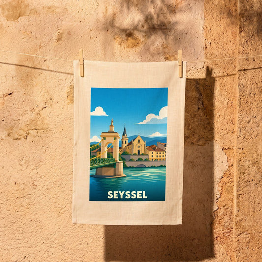 Torchon souvenir de la ville de Seyssel illustré par une vue stylisée de son pont et de son église en bord de Rhône.