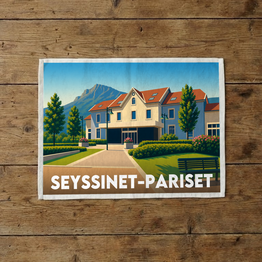 Torchon souvenir de la ville de Seyssinet-Pariset avec une illustration stylisée.