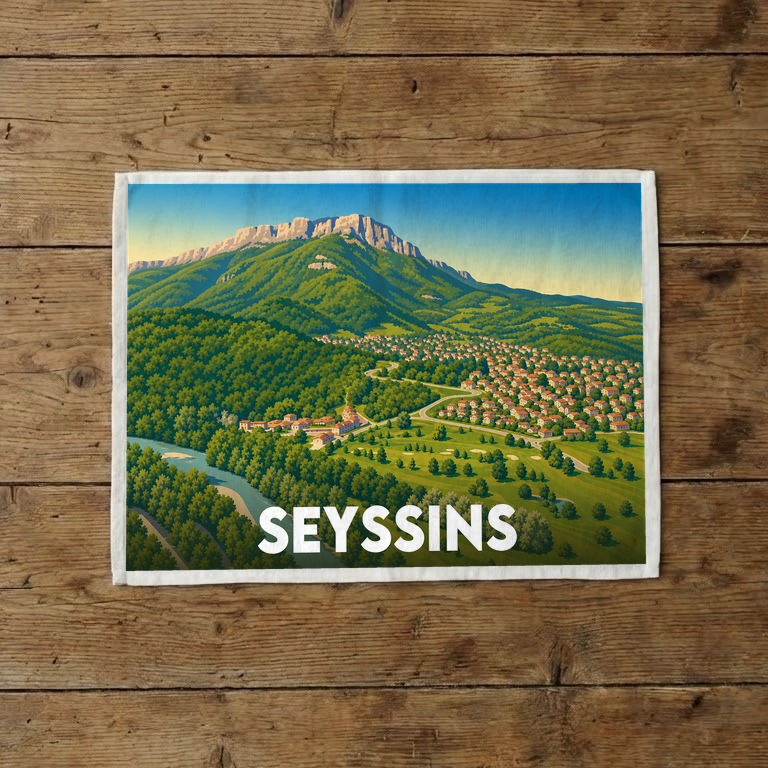 Torchon souvenir de la ville de Seyssins avec une illustration stylisée d'un paysage montagneux.
