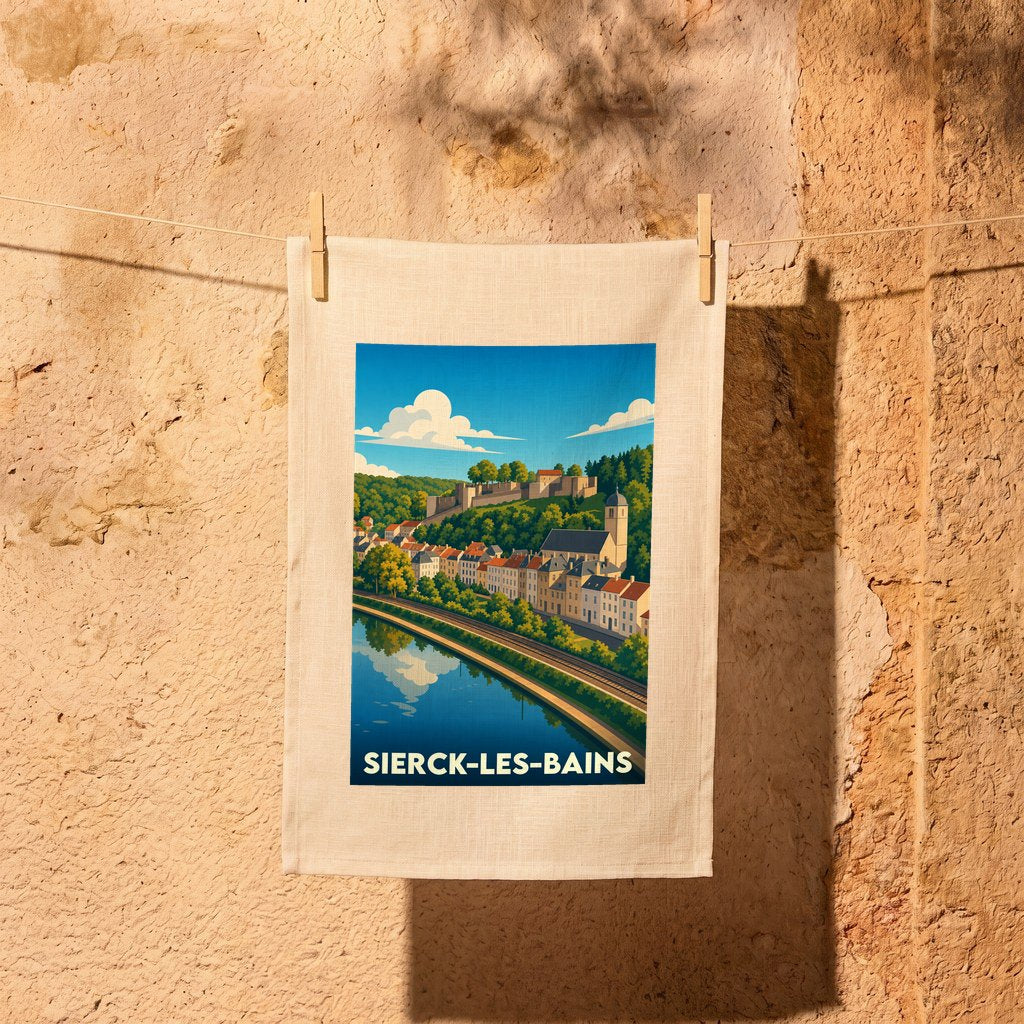 Torchon souvenir de la ville de Sierck-les-Bains avec une illustration stylisée.