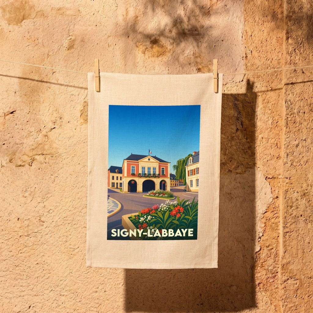 Torchon souvenir de la ville de Signy-l'Abbaye avec une illustration colorée et stylisée.