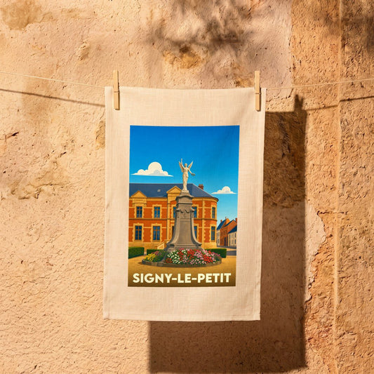 Torchon souvenir de la ville de Signy-le-Petit avec une illustration stylisée d'un monument historique.