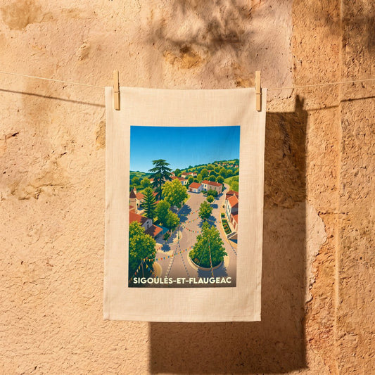 Torchon souvenir de la ville de Sigoulès-et-Flaugeac avec une illustration stylisée et colorée.