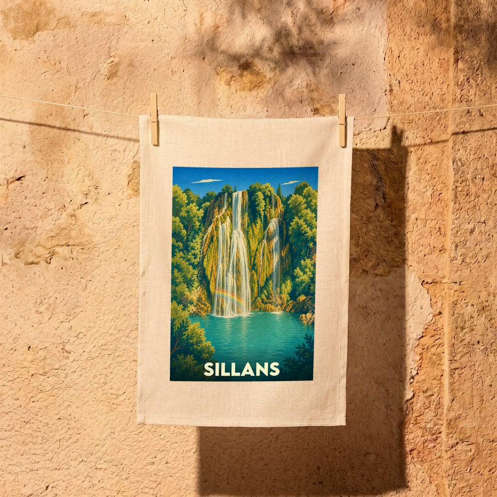 Torchon souvenir de la ville de Sillans avec une illustration stylisée d'une cascade.
