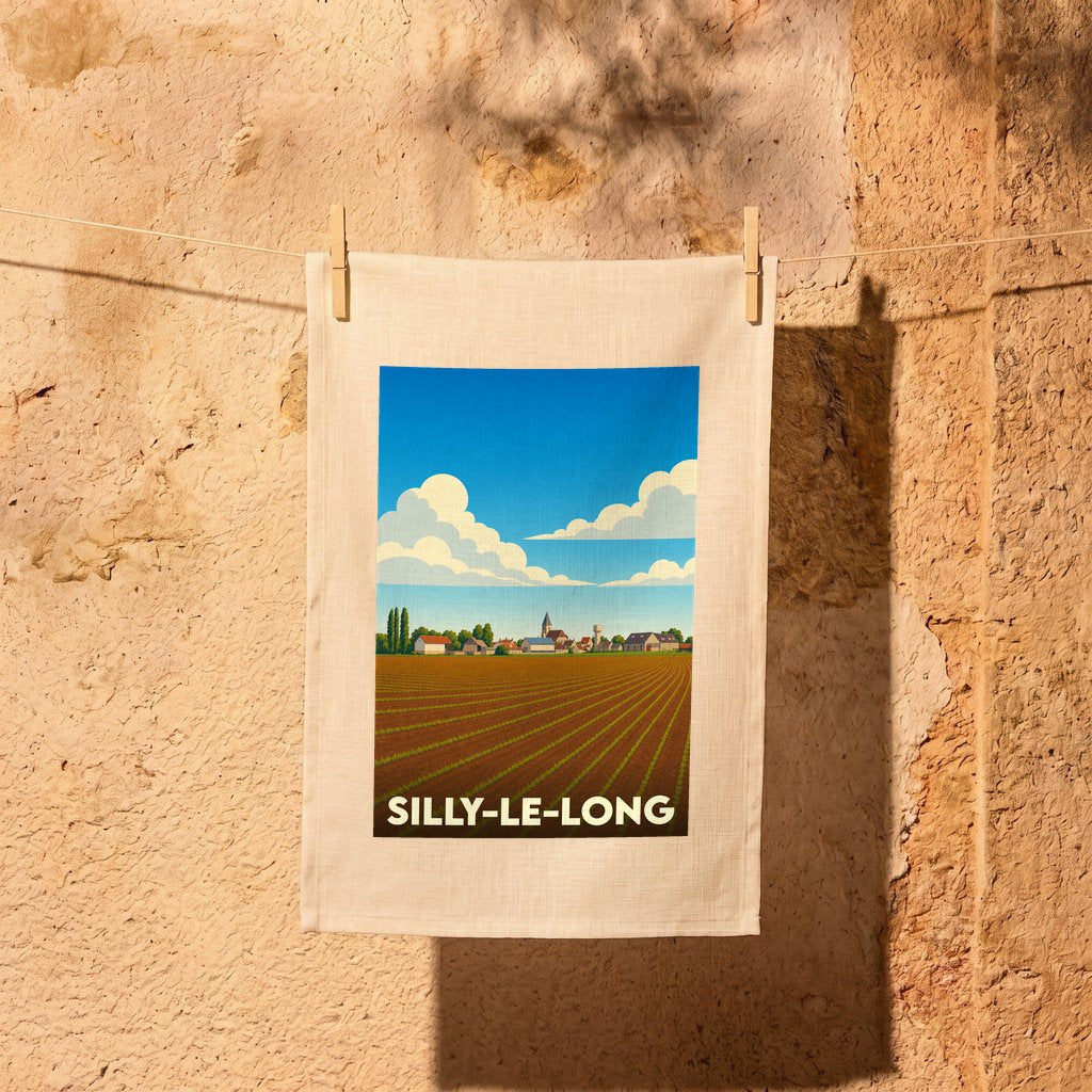 Torchon souvenir de la ville de Silly-le-Long avec une illustration de paysage champêtre.