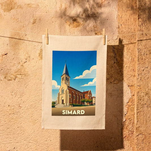 Torchon souvenir de la ville de Simard avec une illustration stylisée de son église.