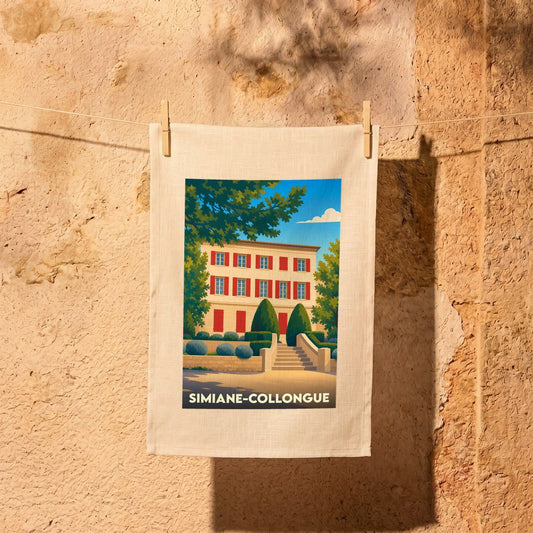 Torchon souvenir de la ville de Simiane-Collongue avec une illustration stylisée d'une bastide provençale.