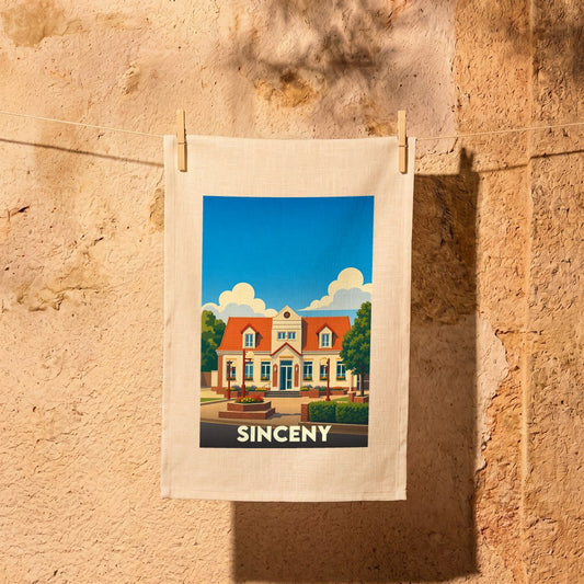 Torchon souvenir de la ville de Sinceny illustré par une vue stylisée d'un bâtiment emblématique sous un ciel bleu.