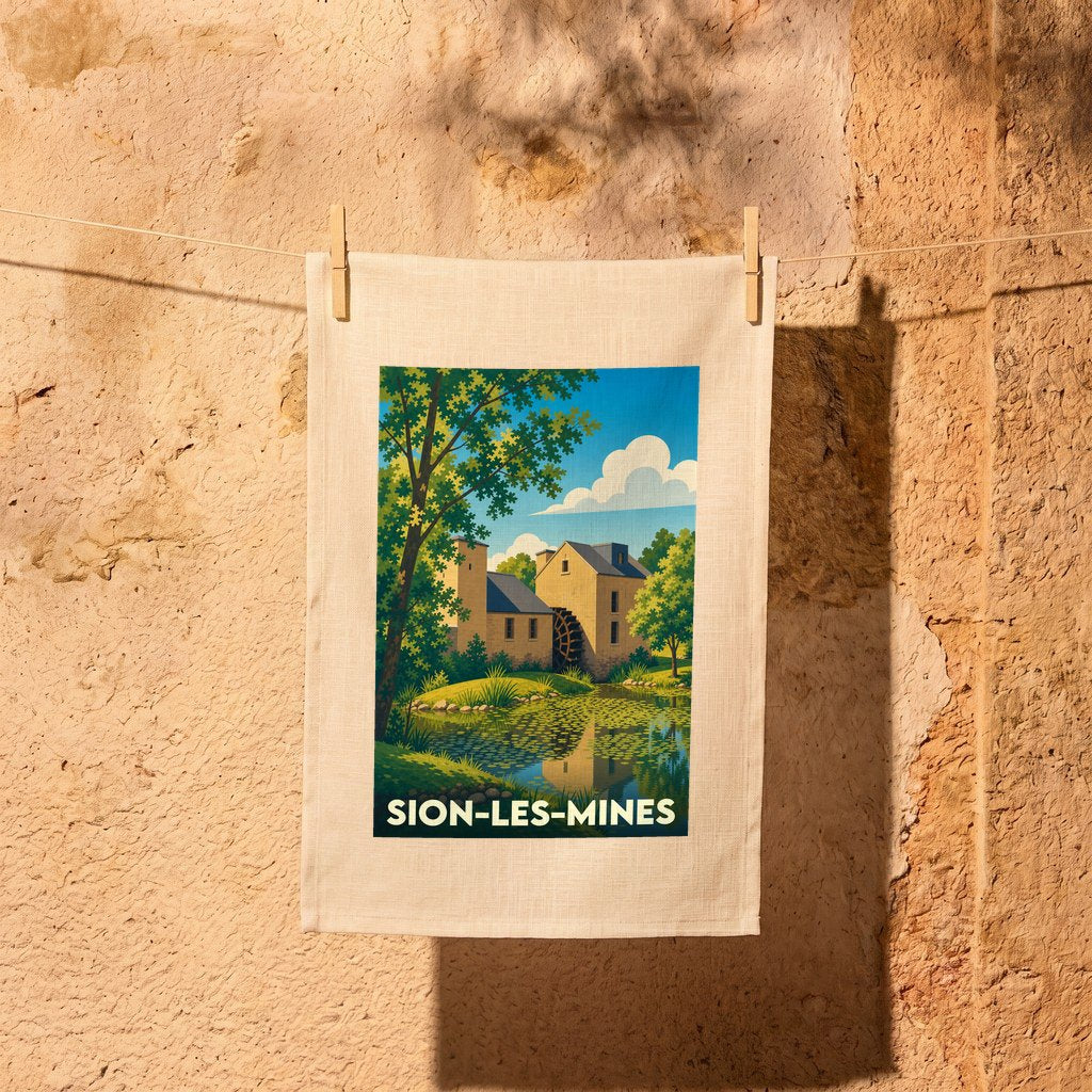 Torchon souvenir de la ville de Sion-les-Mines avec une illustration stylisée représentant un moulin au bord de l'eau.