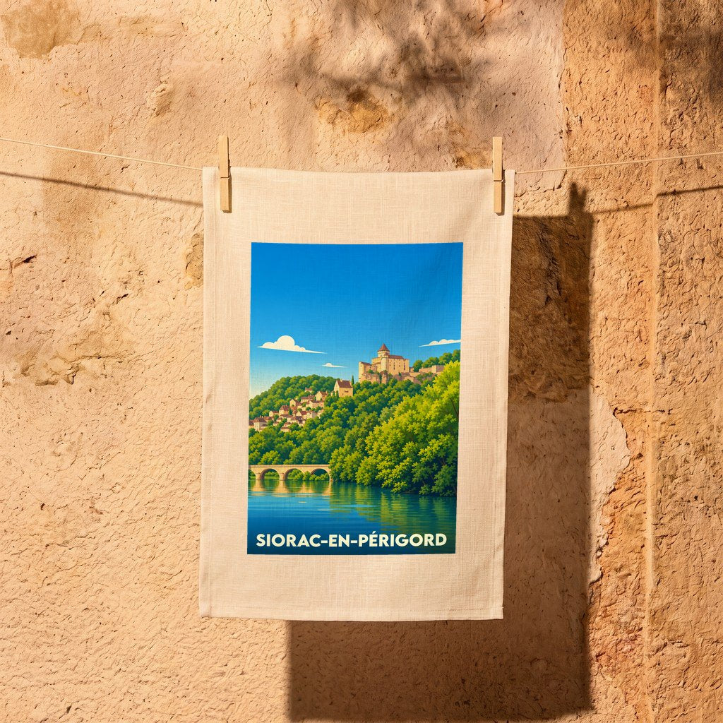 Torchon souvenir de la ville de Siorac-en-Périgord orné d'une illustration stylisée du village en bord de rivière.