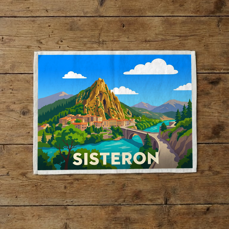 Torchon souvenir de la ville de Sisteron avec une illustration stylisée de son paysage emblématique.