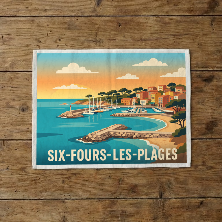Torchon souvenir de la ville de Six-Fours-les-Plages avec une illustration stylisée de son port.