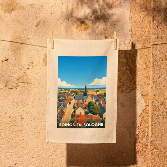 Torchon souvenir de la ville de Soings-en-Sologne avec une illustration stylisée.