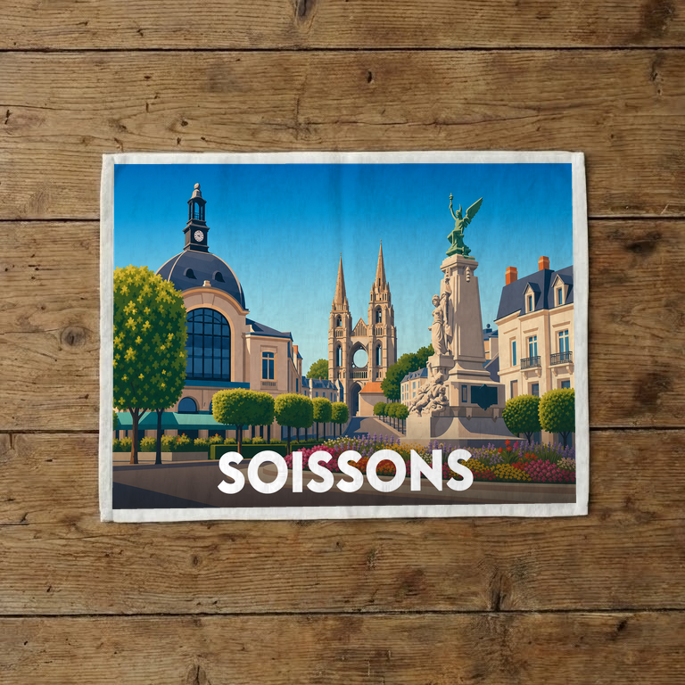Torchon souvenir de la ville de Soissons avec une illustration colorée et stylisée de ses monuments emblématiques.