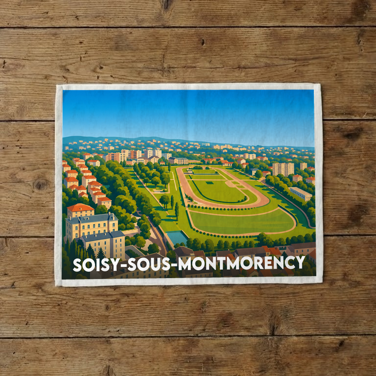 Torchon souvenir de la ville de Soisy-sous-Montmorency avec une illustration stylisée de son hippodrome.