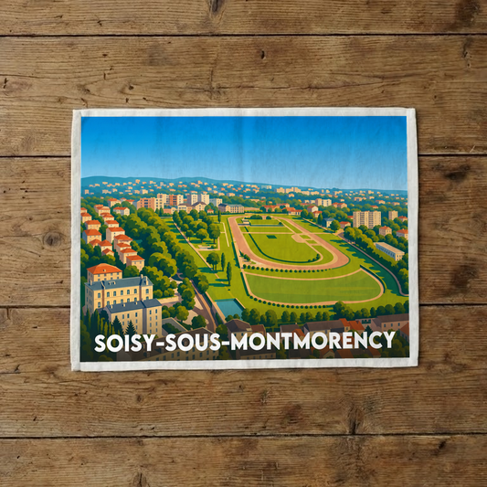 Torchon souvenir de la ville de Soisy-sous-Montmorency avec une illustration stylisée de son hippodrome.