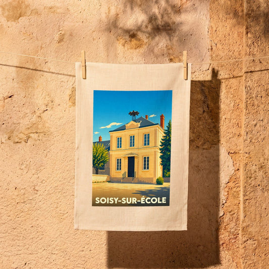 Torchon souvenir de la ville de Soisy-sur-École avec une illustration stylisée d'un bâtiment typique.