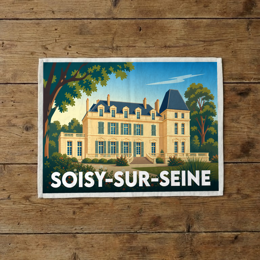 Torchon souvenir de la ville de Soisy-sur-Seine illustrant une grande demeure bourgeoise dans un style affiche rétro.