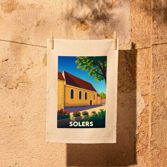 Torchon souvenir de la ville de Solers avec une illustration stylisée.