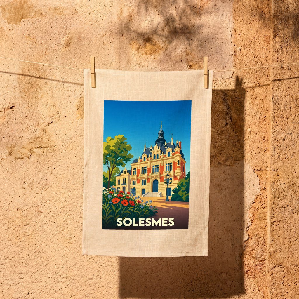Torchon souvenir de la ville de Solesmes orné d'une illustration stylisée de son patrimoine architectural.