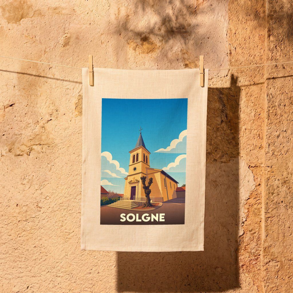 Torchon souvenir de la ville de Solgne avec une illustration stylisée de son église.
