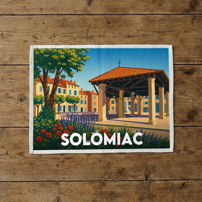 Torchon souvenir de la ville de Solomiac avec une illustration stylisée de sa place centrale.
