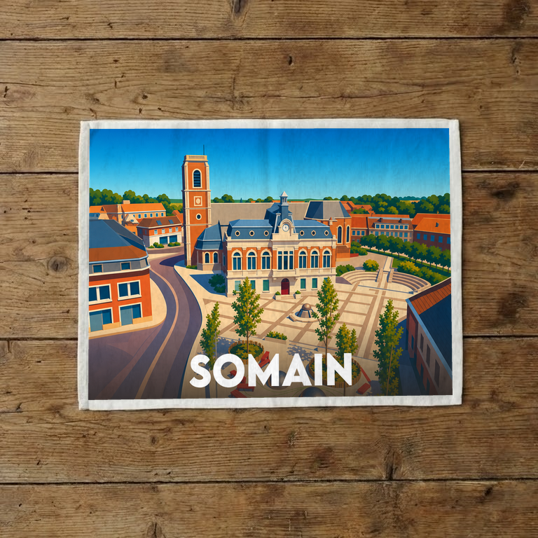 Torchon souvenir de la ville de Somain avec une illustration colorée et stylisée de sa place centrale.