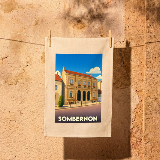Torchon souvenir de la ville de Sombernon avec une illustration stylisée.