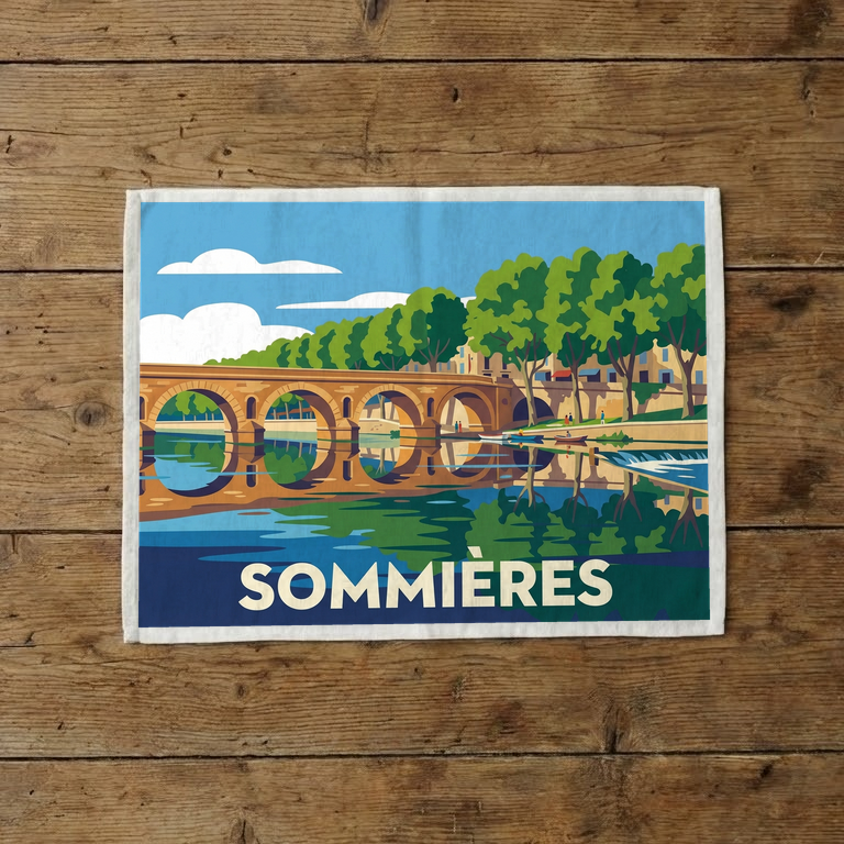 Torchon souvenir de la ville de Sommières avec une illustration stylisée de son pont et de la rivière.