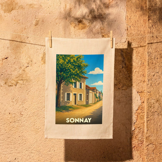 Torchon souvenir de la ville de Sonnay avec une illustration stylisée.