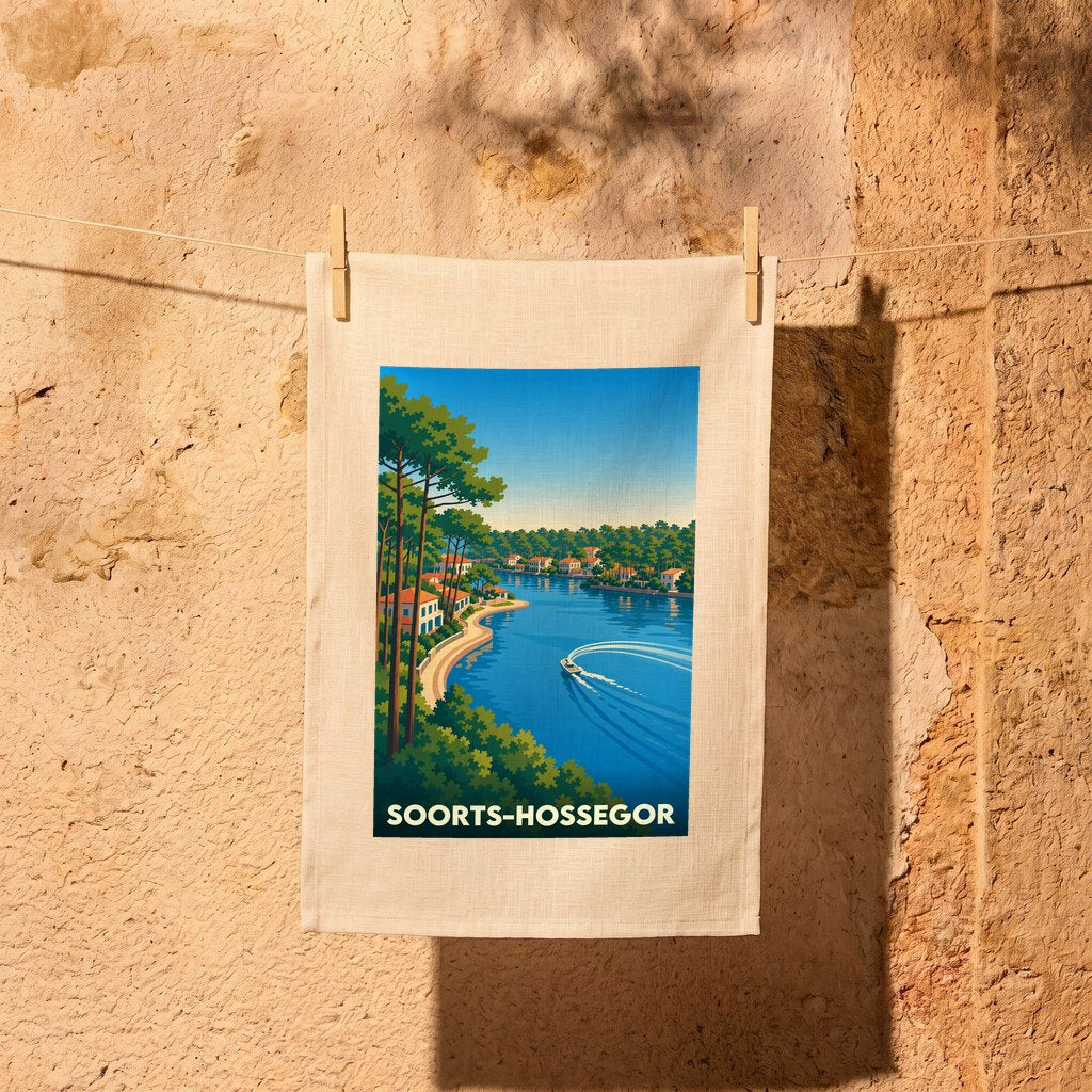 Torchon souvenir de la ville de Soorts-Hossegor orné d'une illustration stylisée du lac marin.