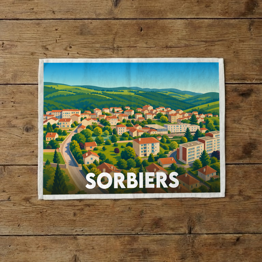 Torchon souvenir de la ville de Sorbiers avec une illustration stylisée.