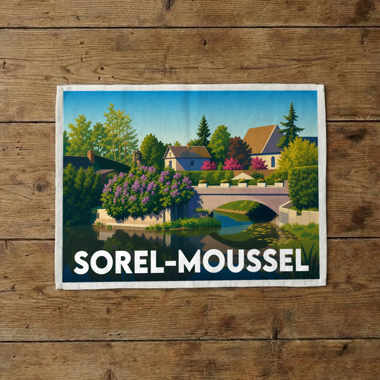 Torchon souvenir de la ville de Sorel-Moussel avec une illustration stylisée d'un paysage au bord de l'eau.