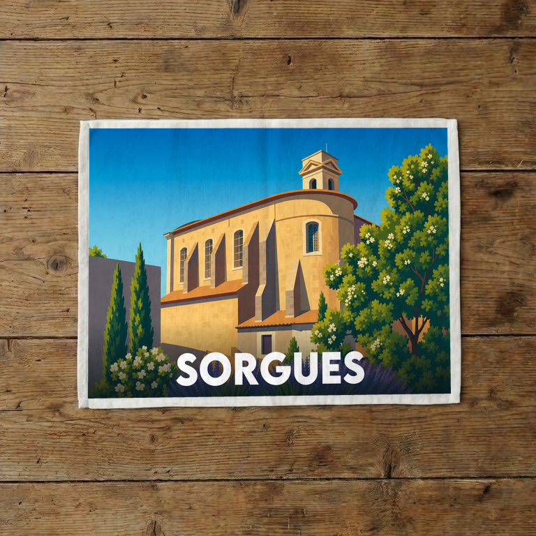 Torchon souvenir de la ville de Sorgues avec une illustration stylisée.