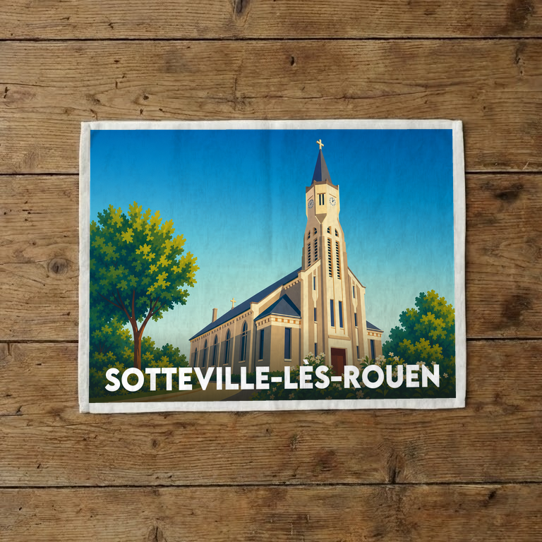 Torchon souvenir de la ville de Sotteville-lès-Rouen avec une illustration stylisée de son église.